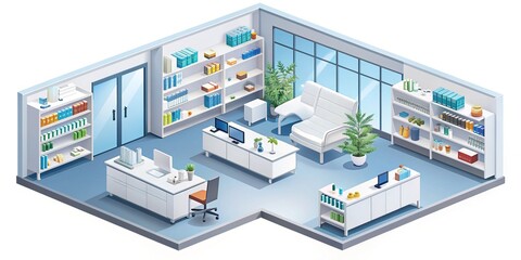 Modern pharmacy interior illustration in isometric view, featuring medication shelves, consultation desk, and various medical equipment in a clean and organized atmosphere.