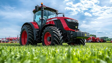 Obraz premium Red modern tractor stands on lush green grass under a bright blue sky.