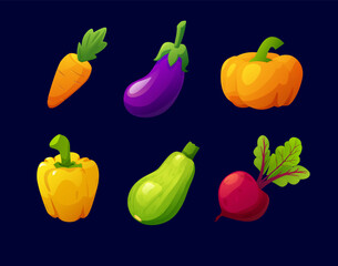 Fresh vegetables icon set, cartoon natural garden harvest, farm game assets, vector pumpkin, carrot isolated on black