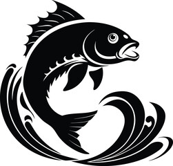 fish with water wave illustration black and white