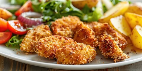 Fototapeta premium Chicken pieces coated in breadcrumbs accompanied by potatoes and salad Shallow focus