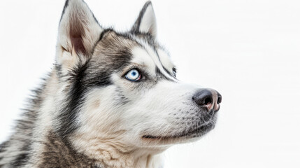 Obraz premium Close-up portrait view of adorable Siberian Husky dog head and face looking from side view isolated on white background