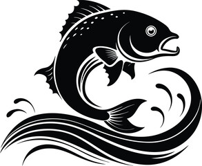 fish with water wave illustration black and white