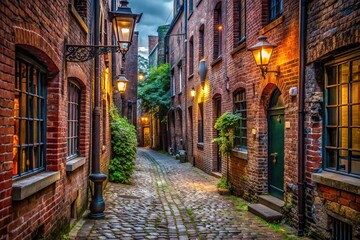 Fototapeta premium Narrow cobblestone alleyway lined with old brick buildings, rusty lanterns, and vintage street signs, evoking a sense of nostalgia and urban grit.