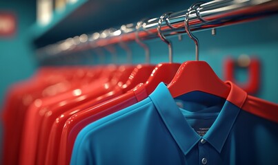 boutique fashion racks Clothes store clothing shop shopping shirt rack background retail apparel style garment dress textile woman blue red hanger business market mall model closet, Generative AI