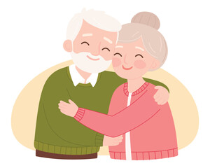 Happy grandparents isolated on white background with hearts. International day of older persons concept for poster, greeting cards etc. Cute flat style 