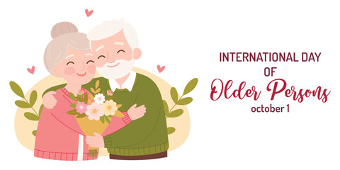 Happy grandparents isolated on white background with hearts. International day of older persons concept for poster, greeting cards etc. Cute flat style 