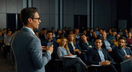 Speaker at business conference, audience, or presentation hall.