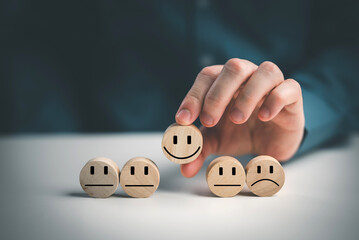 smile review hand hold wood .satisfaction client rating. review survey.