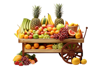 A Vibrant Display of Fresh Fruit in a Wooden Cart on a White or Clear Surface PNG Transparent Background.