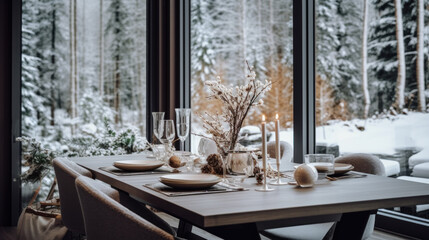 A beautifully set dining table with candles, glassware, and winter-themed decor by a large window overlooking a snowy forest. Christmas dining concept.