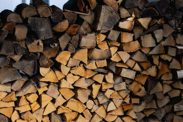 Firewood warehouse for stove, for stove heating. Texture of dry chopped firewood prepared for winter. 