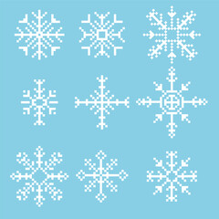 Pixel snowflake winter retro pixilated 8 bit game stamp. Holiday flake ornament. Simple crystal ornament. 