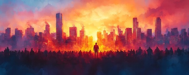 A dramatic sunset over a city skyline, casting vibrant colors and silhouettes. A person stands in awe of nature's beauty.