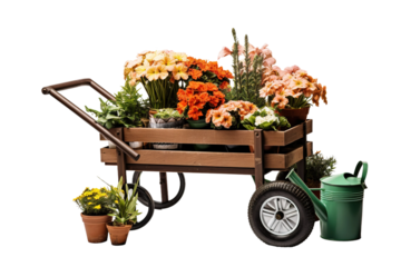 A Rustic Wooden Garden Cart Filled With Vibrant Blooms on a White or Clear Surface PNG Transparent Background.