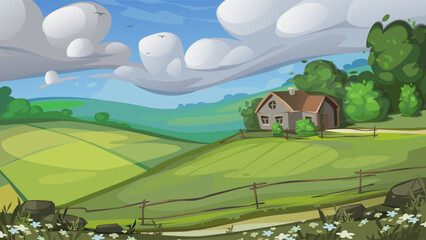 Landscape with fields and a little house. Vector illustration.
