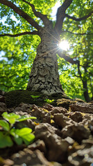 Obraz premium Sunlight Shining Through Leaves and Tree Bark in a Forest