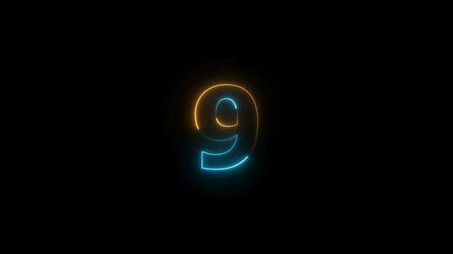 Animation of bright neon number 9. Glowing neon number nine.