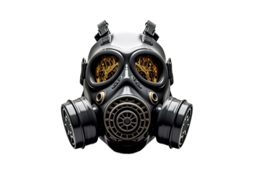 A Glowing Gas Mask Reflecting The Unknown Dangers on a White or Clear Surface PNG Transparent Background.
