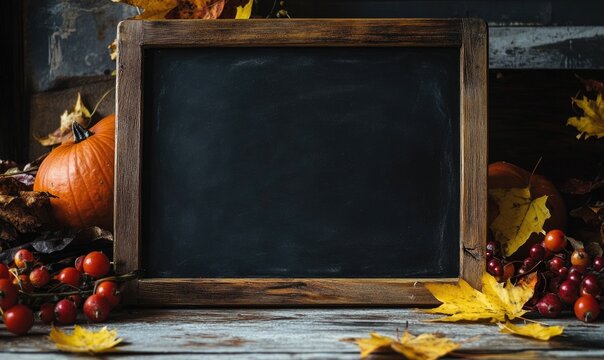 Blank board on a table, surrounded by vibrant fall leaves