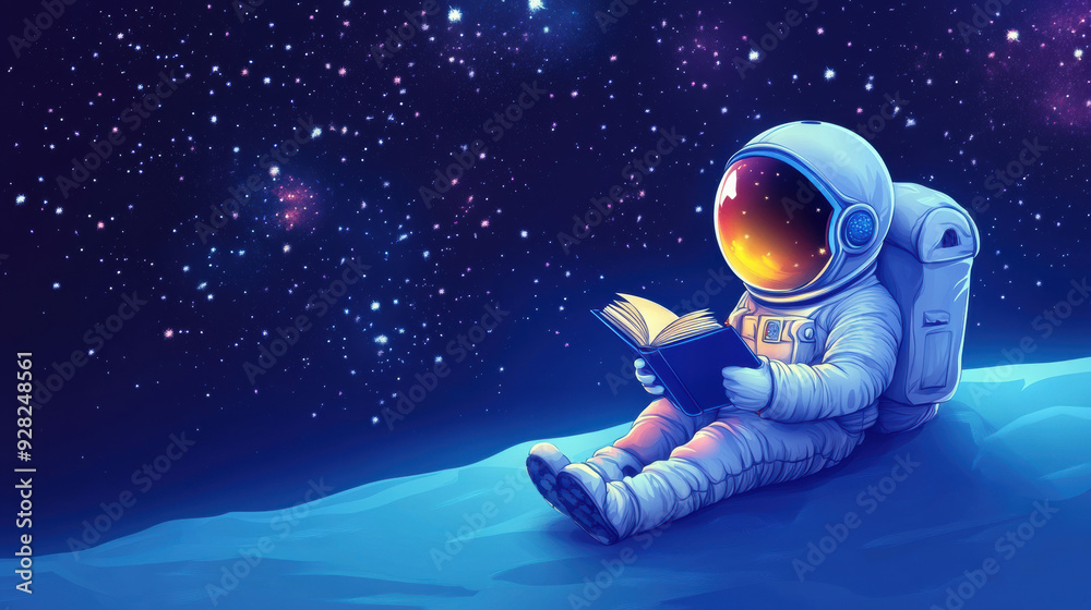 Wall mural An astronaut is sitting on the moon reading a book, AI