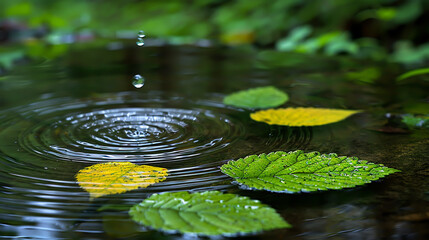 Serene Close-Up of Water Droplets Creating Ripples Among Floating Green and Yellow Leaves