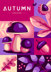 Retro flat autumn cover or party poster with autumn floral attributes. Seasonal sale poster. Vector illustration