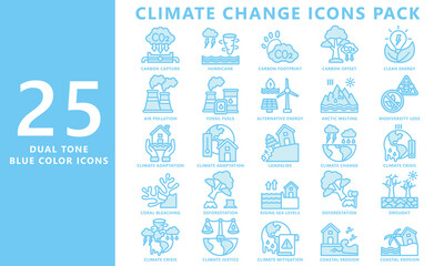 Climate change blue color icon set, contain pollutions, alternative energy, storm, deforestation, carbon and more. vector EPS 10. For UI, UX, app and web development, ecology and environmental.