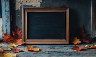Chalkboard in the center of a countertop, decorated with autumn leaves