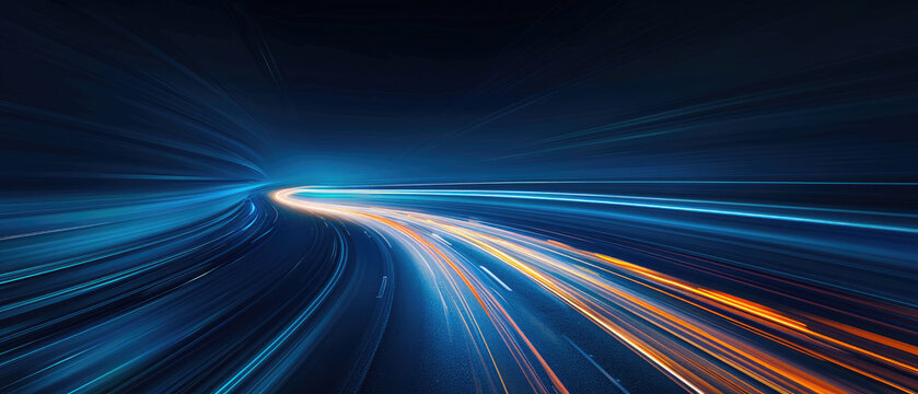 thick blue tech lines dots and dynamic lines using long exposure time lapse with sparkling lights on a wide dark background