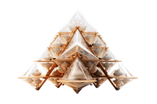 A Modern Wooden and Glass Structure Resembles a Geometric Forest Canopy on a White or Clear Surface PNG Transparent Background.