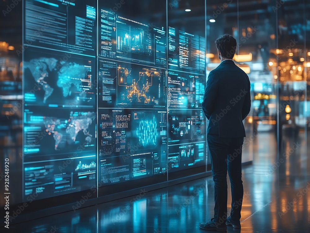 Poster businessman analyzing data on digital screen.