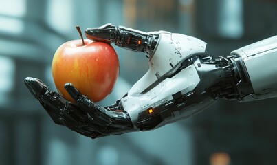 Cybernetic arm holding an apple