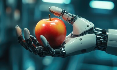 Cybernetic arm holding an apple