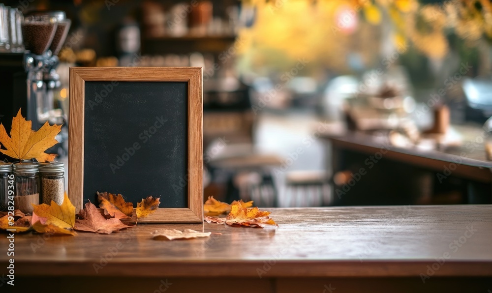 Wall mural Empty menu board on a counter, fall leaves scattered around