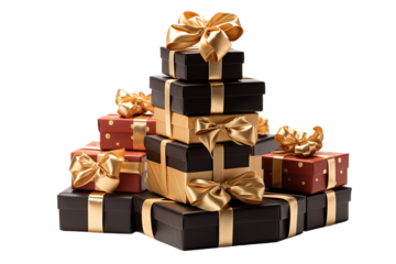 A Tower of Golden Bows and Wrapped Wishes on a White or Clear Surface PNG Transparent Background.