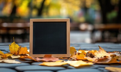 Empty board on a countertop, surrounded by colorful leaves