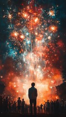 A mesmerizing display of fireworks lights up the night sky with vibrant colors, silhouetting a captivated audience in awe.