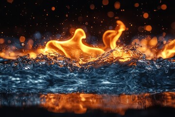 Water and fire flow together in a seamless blend of natural elements. Bright flames emerge from the cool surface of water, creating a visually arresting composition. The graphic nature of this image