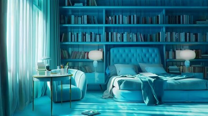 A serene and tranquil bedroom with a luxurious blue theme, featuring a cozy bed, elegant bookshelves filled with books, and soft lighting creating a peaceful and calming atmosphere for rest and relaxa