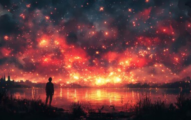 Fototapeta premium A person stands in awe under a vibrant starry sky, reflecting on the beauty of the universe and its mysteries by the water.