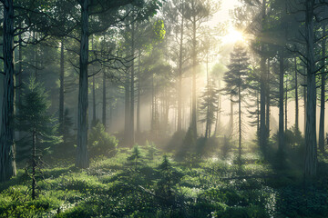 Obraz premium Sunbeams pierce through the dense foliage of a mystical forest, creating a magical atmosphere.
