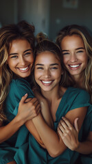 Obraz premium Three Smiling Young Women Hugging and Posing in Matching Blue Robes, Embracing Friendship and Joy