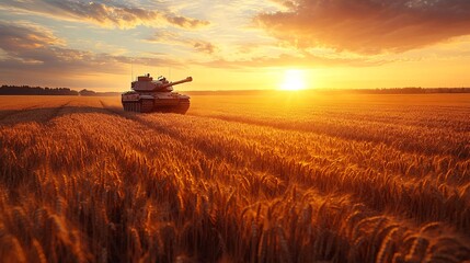 Fototapeta premium A tank hidden in a wheat field at sunset, its camouflaged turret barely visible among the golden stalks.