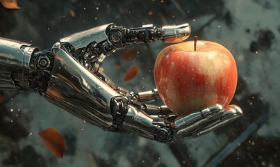 Mechanical hand grasping a ripe apple, detailed close-up