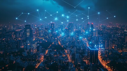 Obraz premium Cityscape with Digital Network Connections.