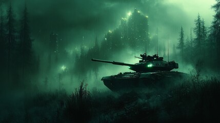 A tank plowing through a dense foggy forest at night, with eerie green lights glowing from its sensors and turrets.