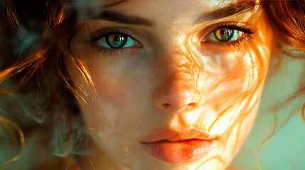 A digital portrait of a woman with green eyes and wavy hair illuminated by warm light.
