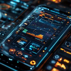 Futuristic smartphone displaying advanced data analytics with glowing graphics and vibrant colors on a digital interface.