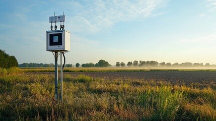 A white box with antennas and wires stands in a field.  The sky is blue and the field is green with...